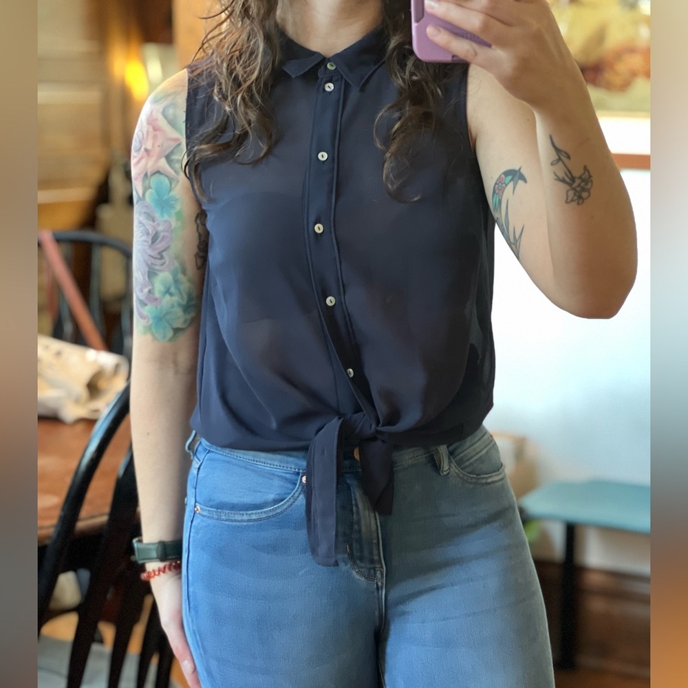 Sheer navy button up collared tank